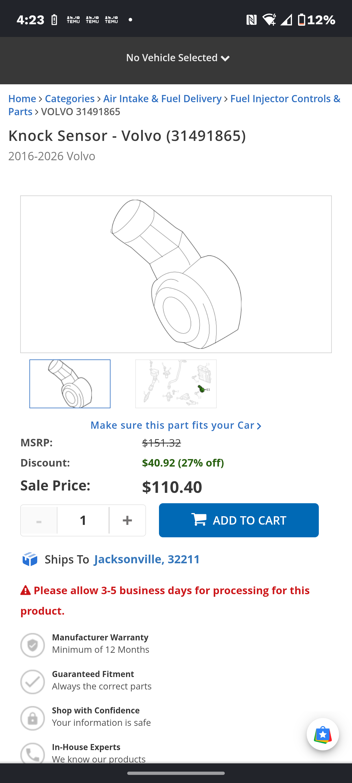 2016-2026 Volvo Genuine Ignition Knock Detonation Sensor (Part # 31491865) 🇸🇪⚡