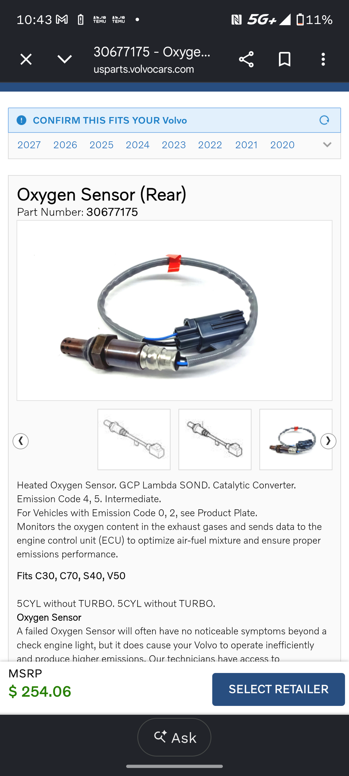 Volvo Genuine Rear Downstream Oxygen (O2) Sensor - 2.4L 5-Cylinder Non-Turbo (Part # 30677175) 🇸🇪⚡