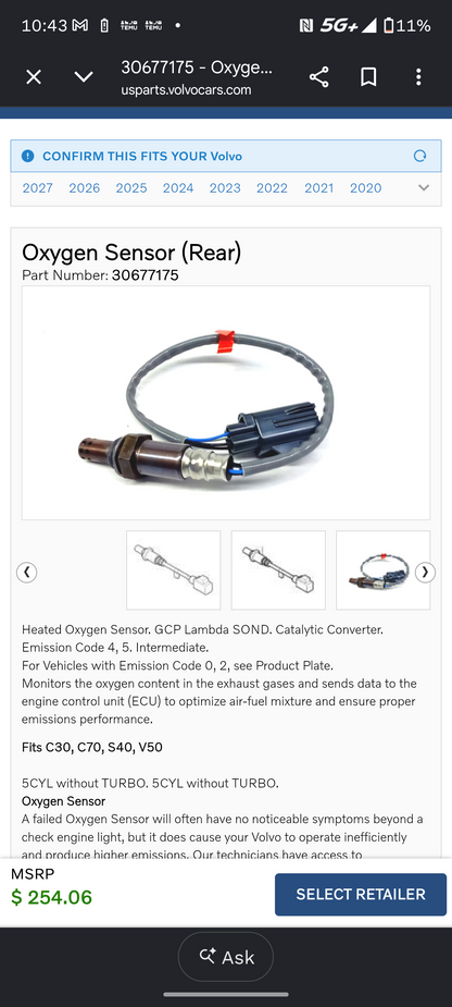 Volvo Genuine Rear Downstream Oxygen (O2) Sensor - 2.4L 5-Cylinder Non-Turbo (Part # 30677175) 🇸🇪⚡