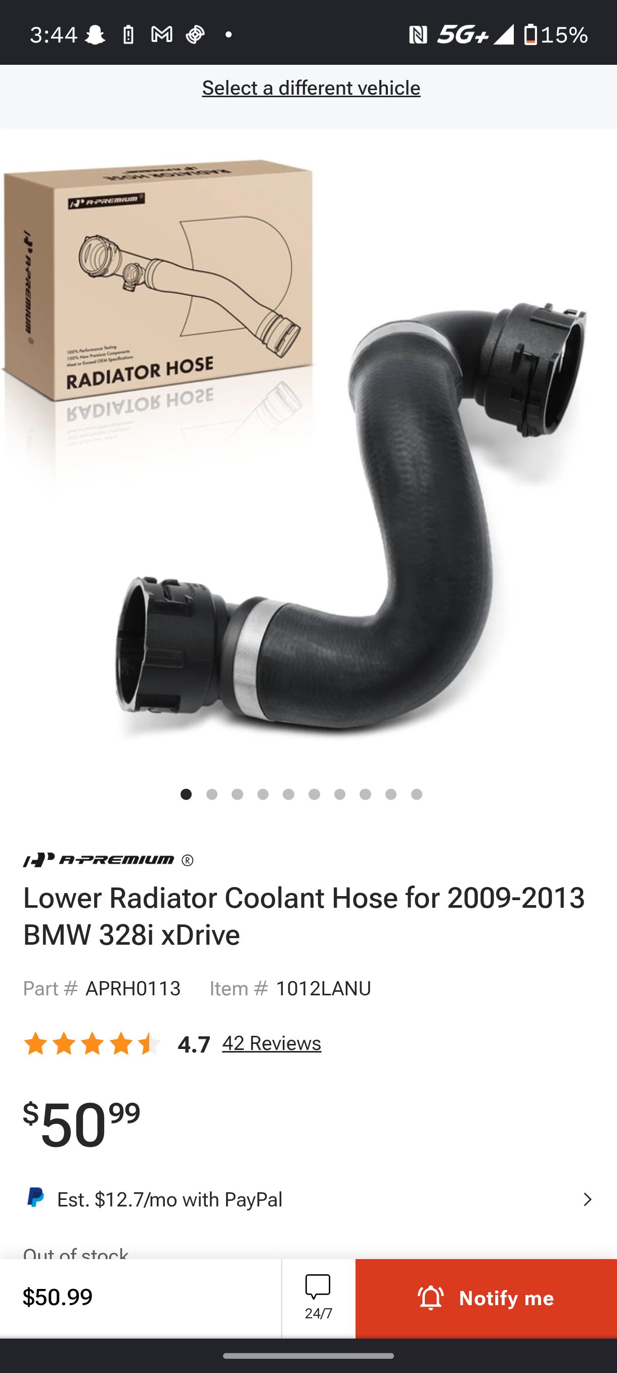 2009-2013 BMW 328i xDrive / 328i Lower Radiator Coolant Hose (APRH0113) 🚗❄️