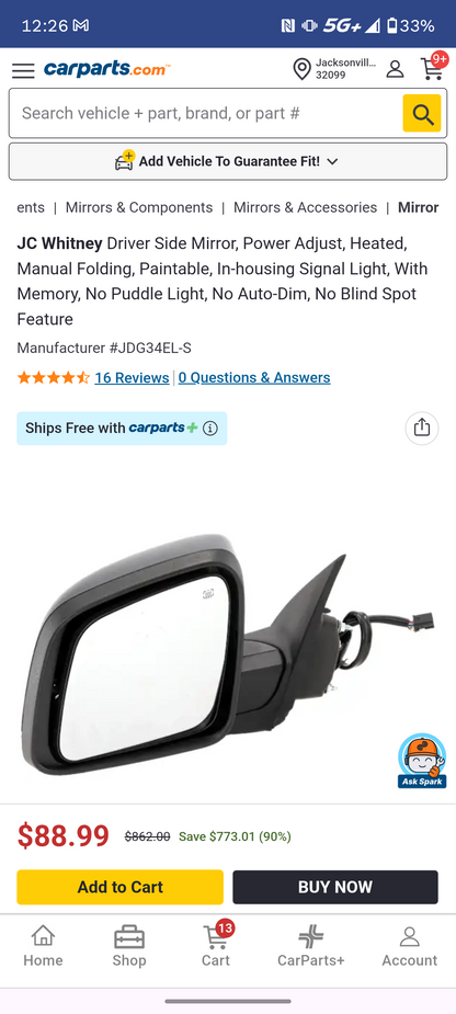 2011-2021 Dodge Durango Driver Side Power Heated Door Mirror w/ Memory & Turn Signal (Part # JDG34EL-S) 🚙🪞