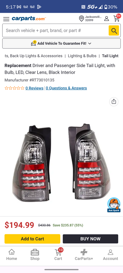 2006-2009 Toyota 4Runner LED Tail Light Assemblies Left Driver & Right Passenger Pair Clear Lens Black Interior 🚘💡
