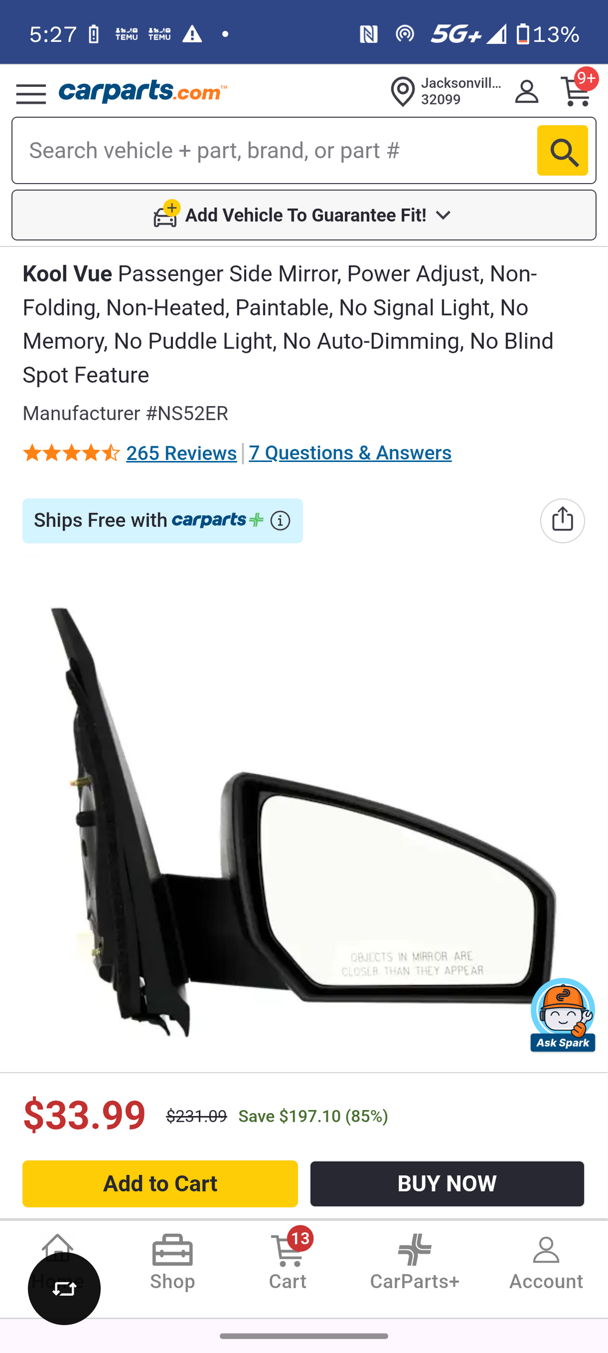 2007-2012 Nissan Sentra Vue Passenger Side Power Door Mirror 🚗🪞