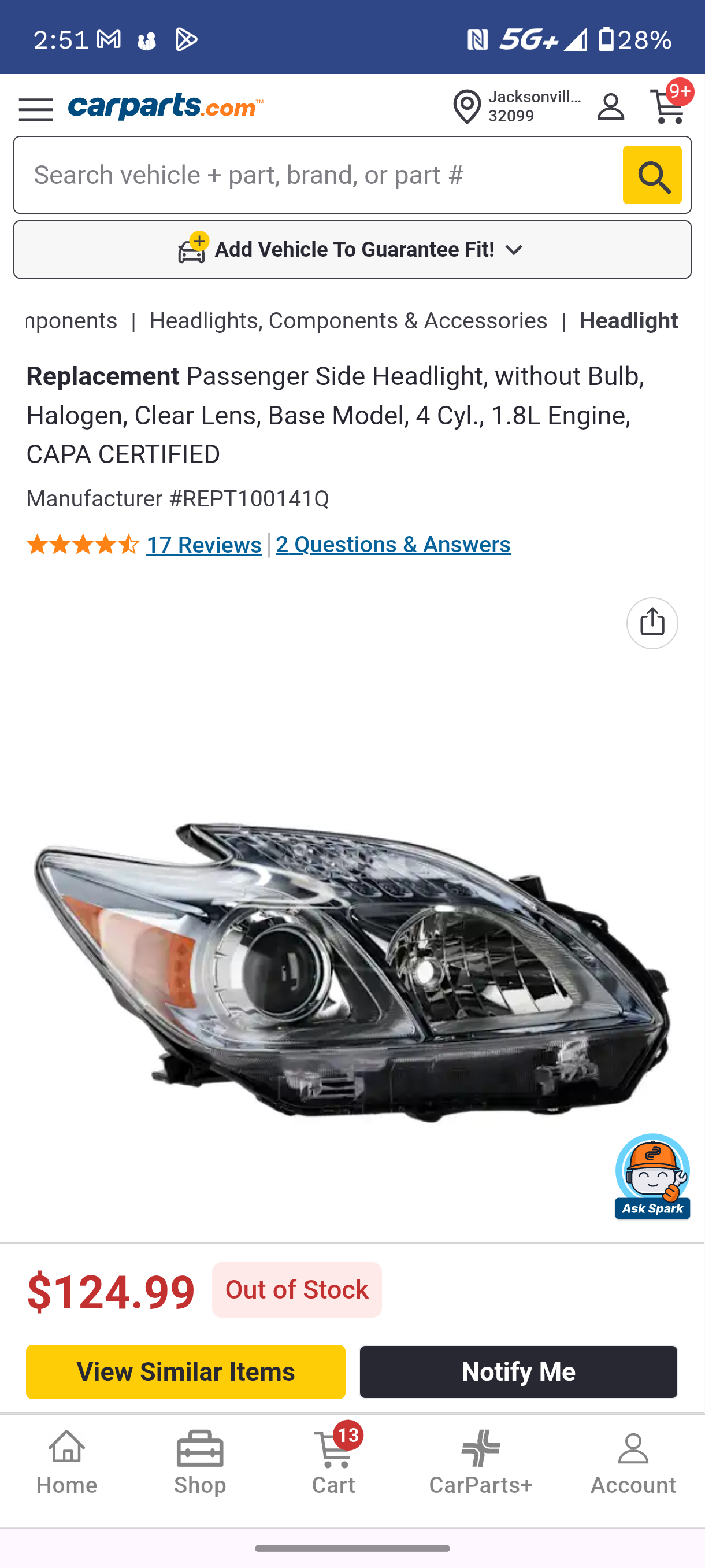 2010-2011 Toyota Prius Passenger Side Halogen Headlight Assembly CAPA Certified 🚗💡