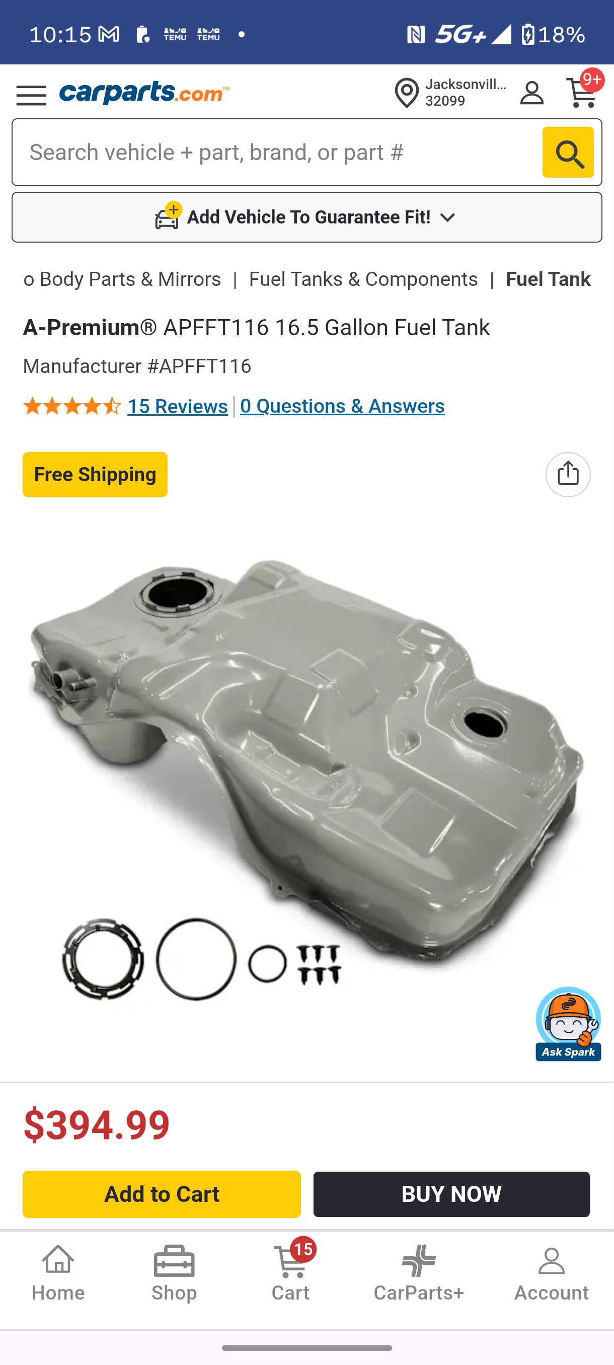 2007-2012 Ford Fusion Lincoln MKZ Mercury Milan AWD 16.5 Gallon Fuel Tank ⛽🚗