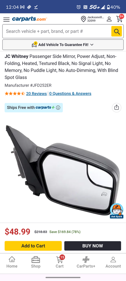 2010-2012 Ford Fusion Passenger Side Power Heated Mirror w/ Blind Spot Glass 🛻💡