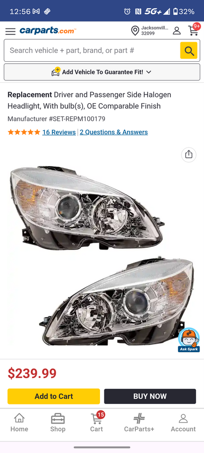 2008-2011 Mercedes-Benz C-Class Driver & Passenger Side Halogen Headlights Set 🛻💡