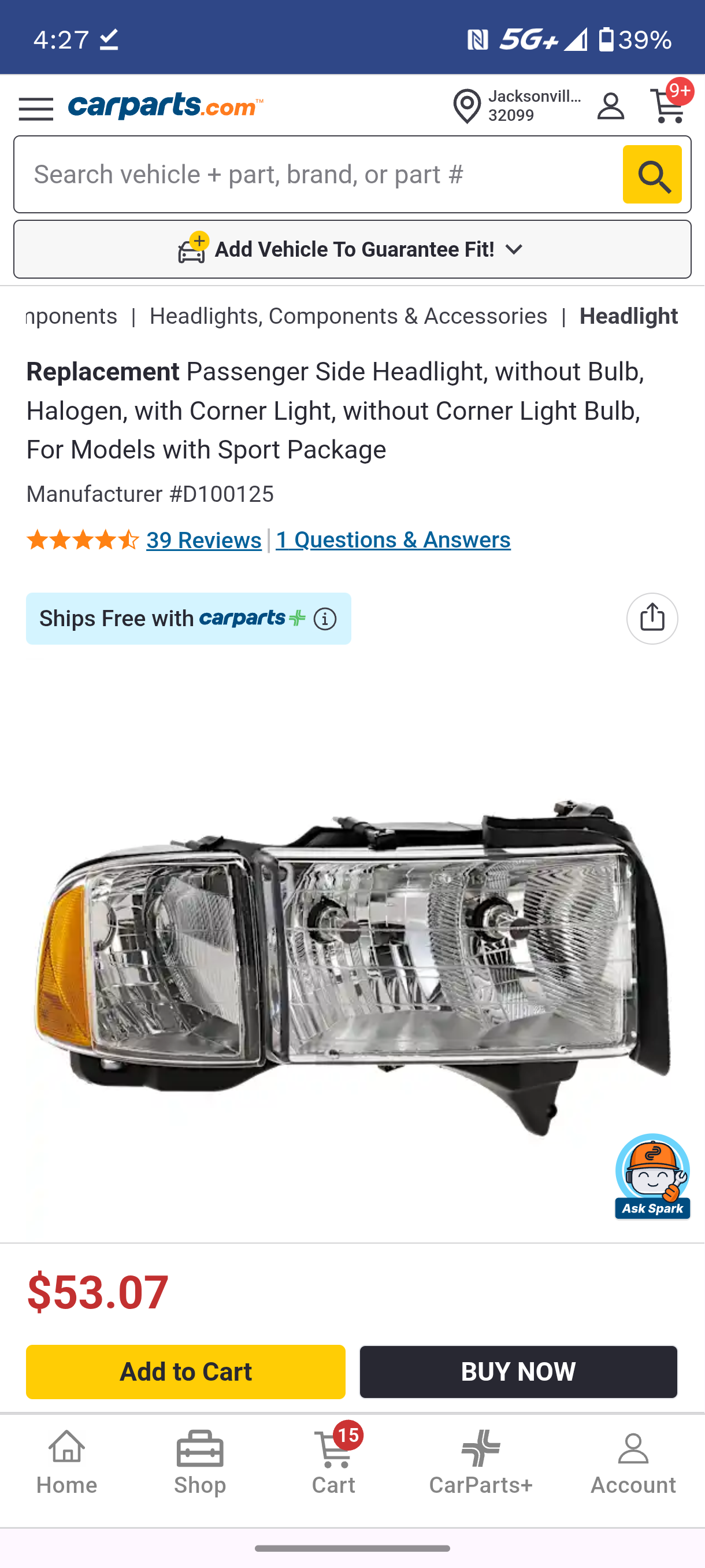 1999-2002 Dodge Ram 1500 2500 3500 Passenger Side Headlight w/ Corner Light Sport Models 🚘💡