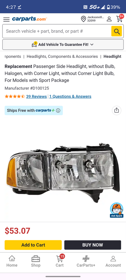 1999-2002 Dodge Ram 1500 2500 3500 Passenger Side Headlight w/ Corner Light Sport Models 🚘💡