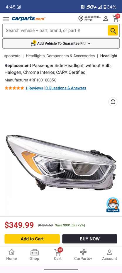 2017-2019 Ford Escape Passenger Side Halogen Headlight w/ Chrome Interior CAPA Certified 🚘💡