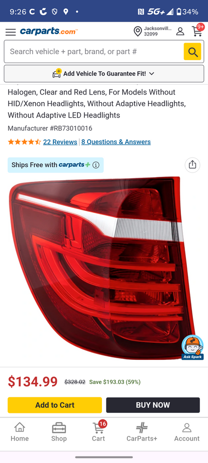 2011-2017 BMW X3 Driver Left Outer Quarter Panel Tail Light Halogen Assembly Clear Red Lens 🚘💡