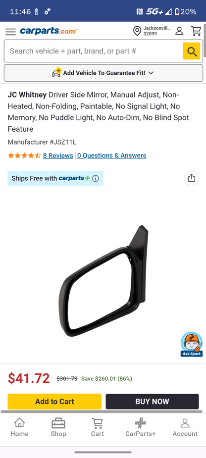 1989-1998 Geo Tracker / Suzuki Sidekick / 1998 Chevy Tracker Left Driver Side Manual Mirror Assembly (Paintable) 🚘 🪞