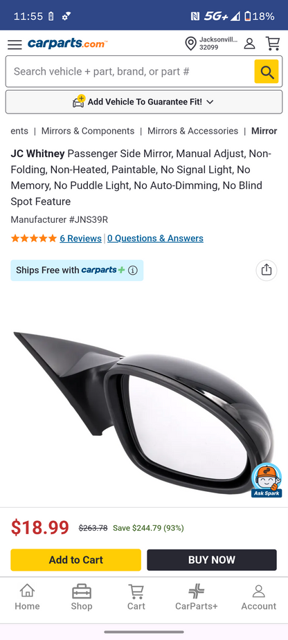 2002-2004 Nissan Altima Passenger Right Side Manual Mirror Assembly (Paintable) 🚘  🪞