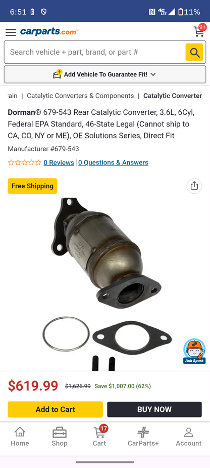 2010 Buick Allure / 2010-2011 Buick LaCrosse 3.6L V6 Rear Catalytic Converter 💨🚗