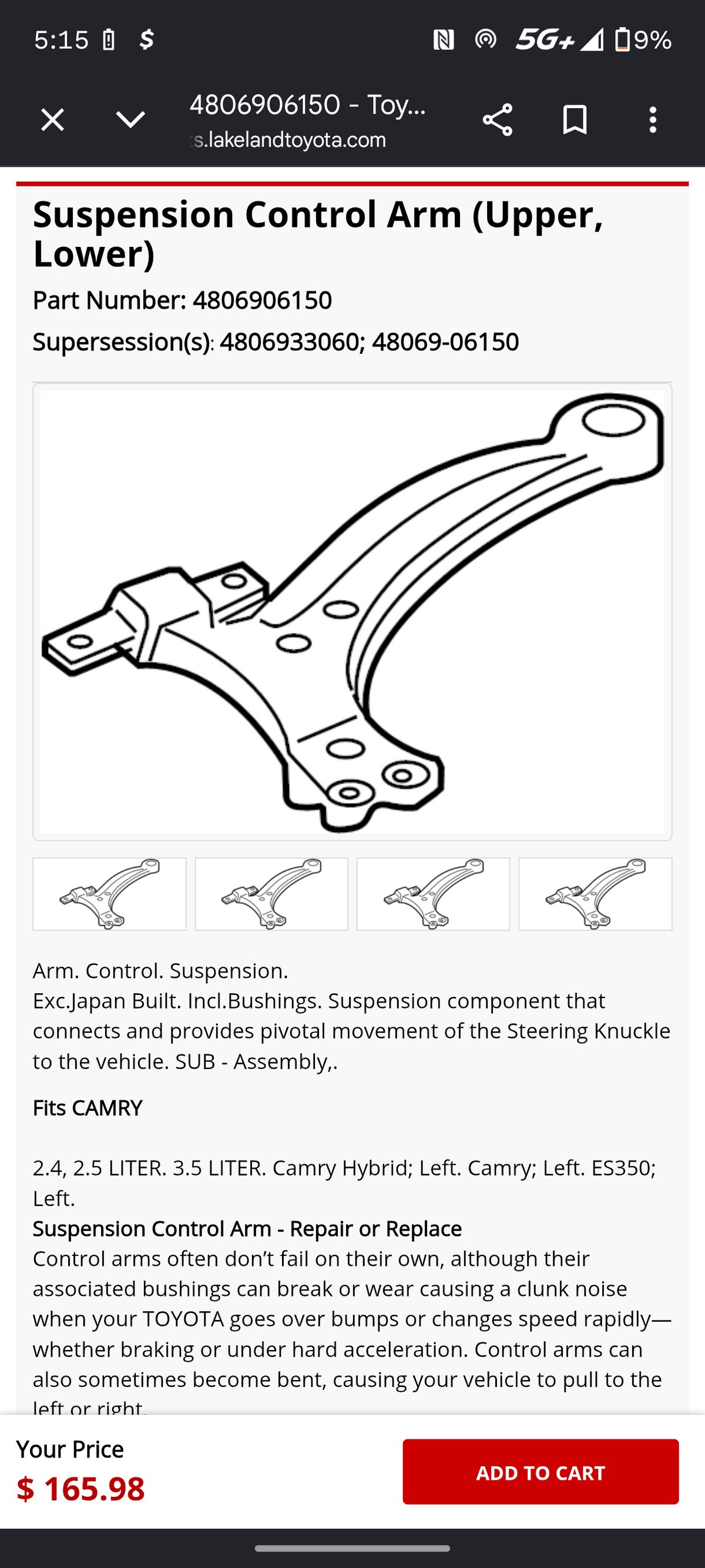 2007-2017 Toyota Camry & 2007-2018 Lexus ES350 Front Driver & Passenger Side Lower Control Arm Pair OEM (LH & RH Set) 🚘🔩