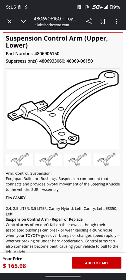 2007-2017 Toyota Camry & 2007-2018 Lexus ES350 Front Driver & Passenger Side Lower Control Arm Pair OEM (LH & RH Set) 🚘🔩