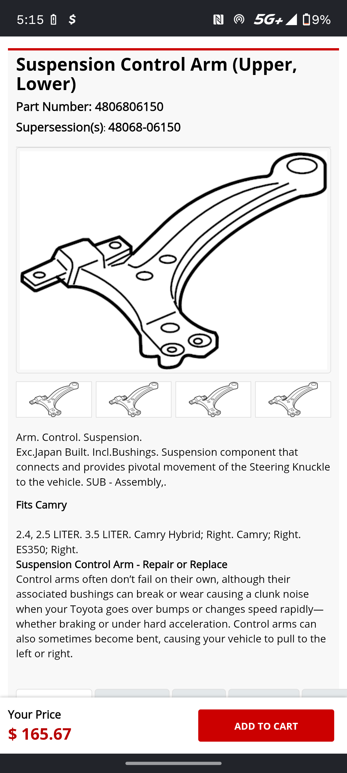 2007-2017 Toyota Camry & 2007-2018 Lexus ES350 Front Driver & Passenger Side Lower Control Arm Pair OEM (LH & RH Set) 🚘🔩