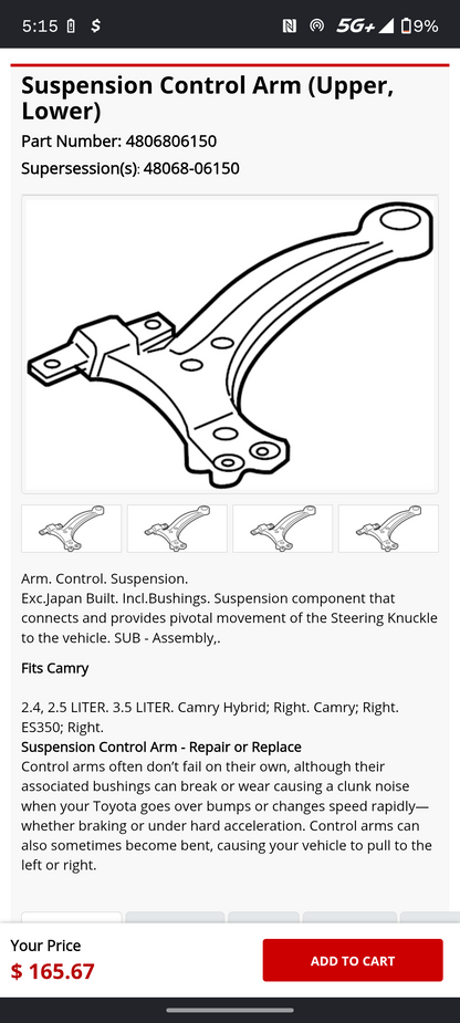 2007-2017 Toyota Camry & 2007-2018 Lexus ES350 Front Driver & Passenger Side Lower Control Arm Pair OEM (LH & RH Set) 🚘🔩