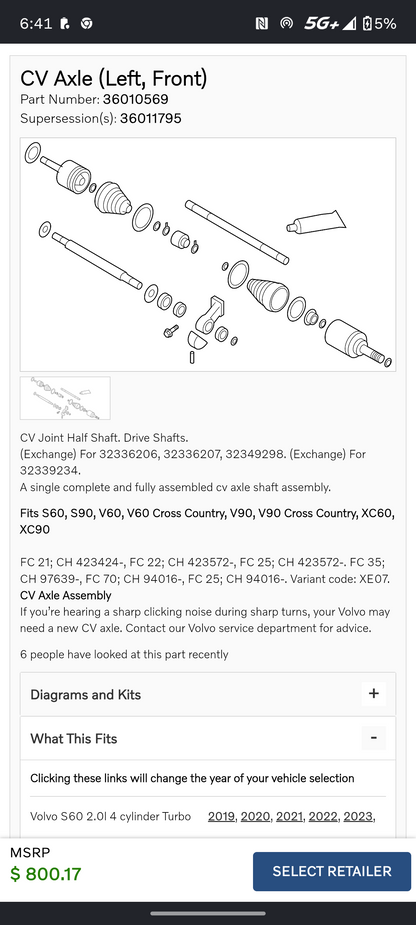 2016-2027 Volvo XC60, XC90, S60, S90, V60 & V90 Front Left Driver Side CV Axle Assembly Shaft 🚘🔩