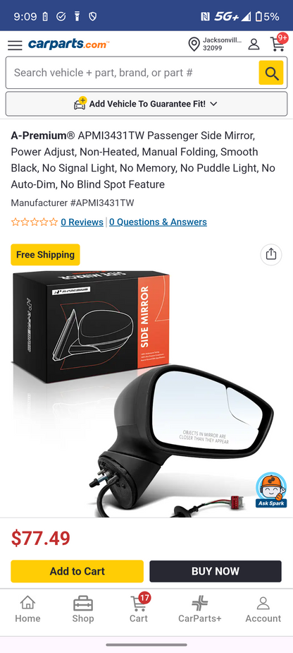 2011-2019 Ford Fiesta Passenger Side Power View Mirror Assembly (Smooth Black) 🚘🪞