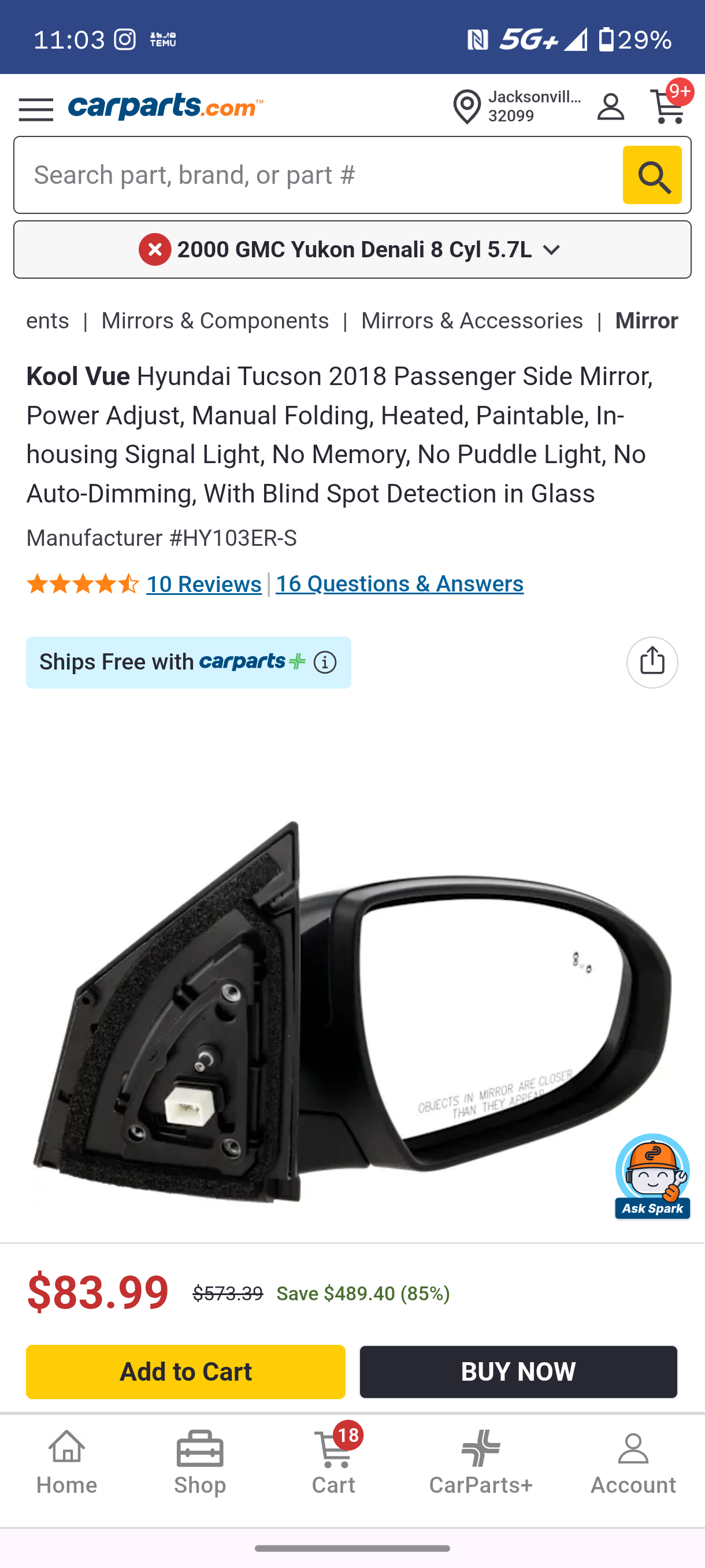 2016-2018 Hyundai Tucson Passenger Side Power View Mirror Assembly (Paint to Match) 🚘🪞