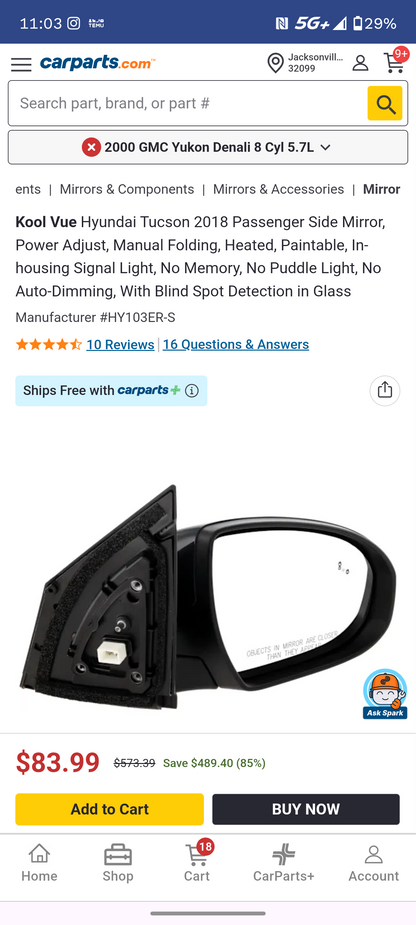 2016-2018 Hyundai Tucson Passenger Side Power View Mirror Assembly (Paint to Match) 🚘🪞