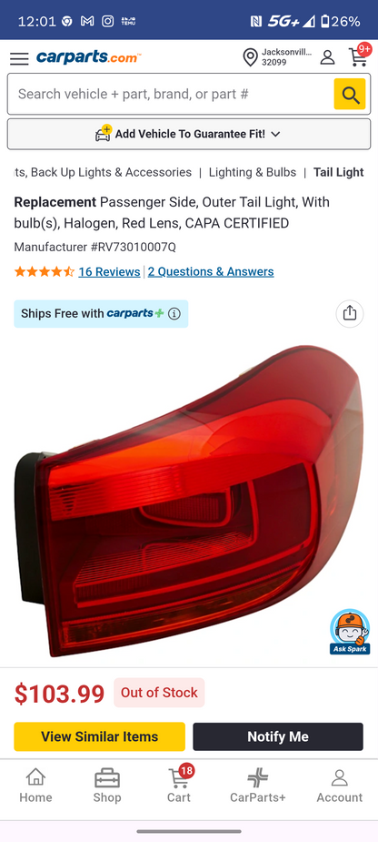 2018-2024 Volkswagen Tiguan Passenger Side Outer Tail Light Assembly - CAPA Certified (Quarter Panel Mounted) 🚘💡