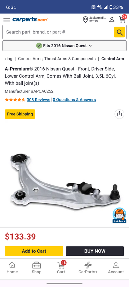2011–2017 Nissan Quest Front Driver Side Lower Control Arm Assembly with Ball Joint 🚘🔧