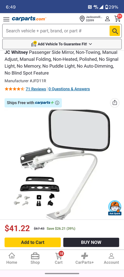 1987–1991 Ford F-150 / F-250 / F-350 & Bronco Passenger Side Manual Door Mirror (Polished Finish) 🚘🔧