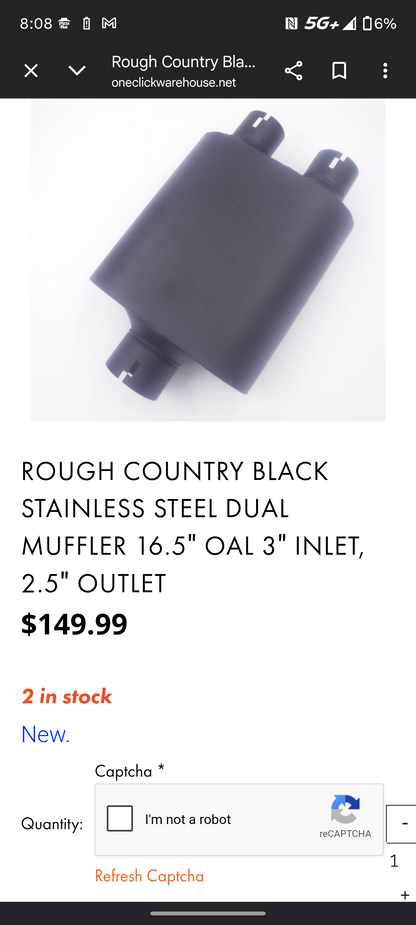 Universal Fit Rough Country Black Stainless Steel Performance Dual Exhaust Muffler (3" Inlet / Dual 2.5" Outlets) 🚘🔊
