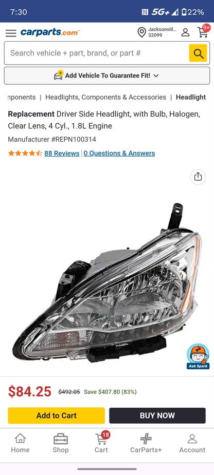 2013–2015 Nissan Sentra Driver Side Halogen Headlight Assembly (1.8L Engine) 🚘💡