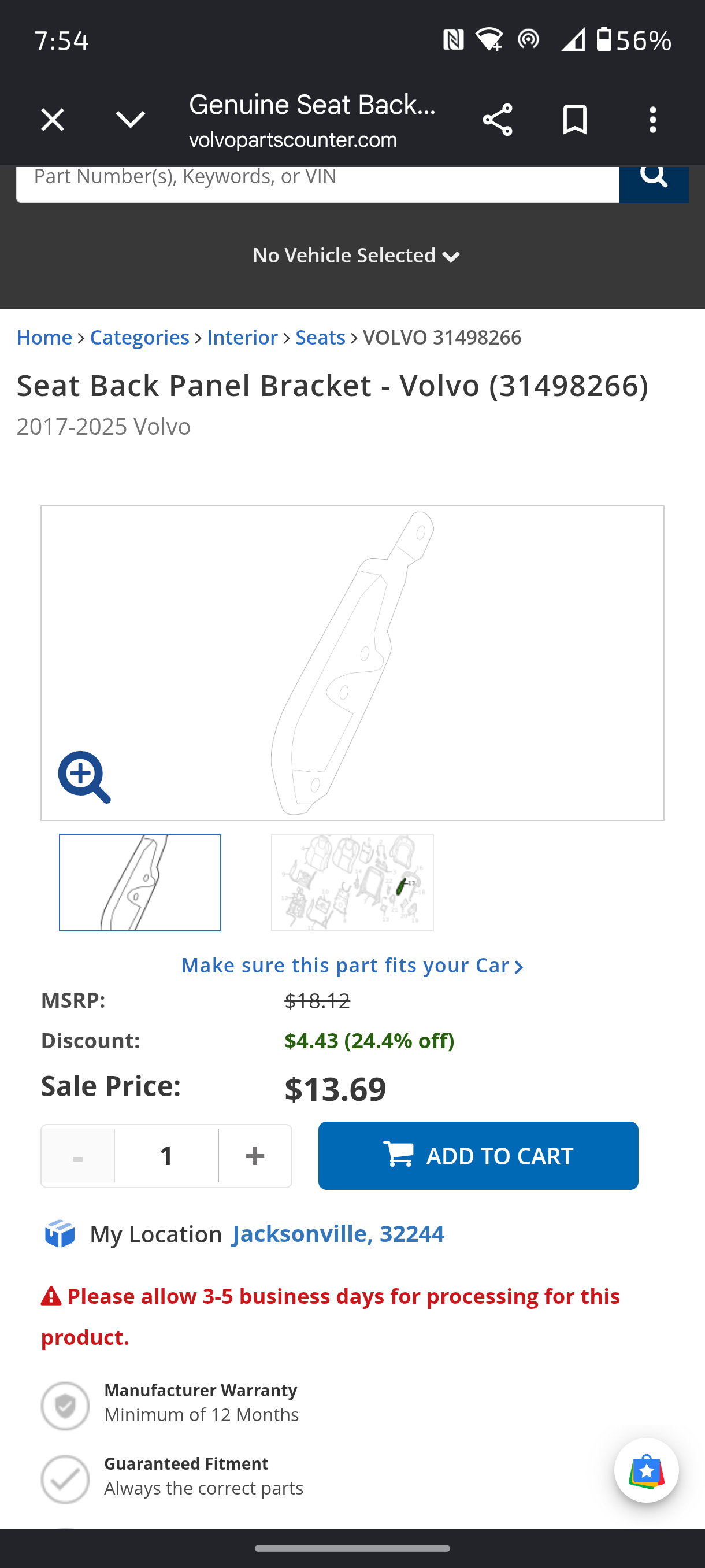 2017–2025 Volvo Genuine Seat Back Panel Bracket 🚘💺