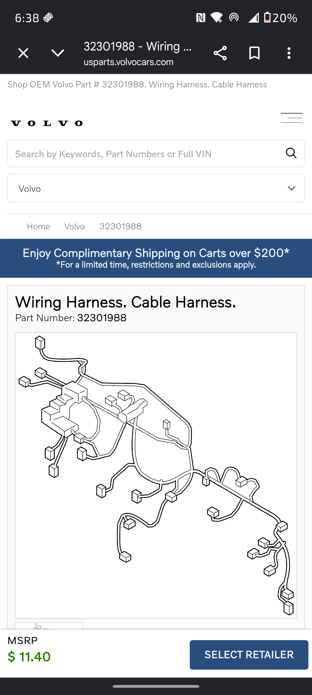 2016–2024 Volvo S60 / S90 / V60 / V90 / XC60 / XC90 Wiring Cable Harness (Genuine OE 32301988) 🚘⚡