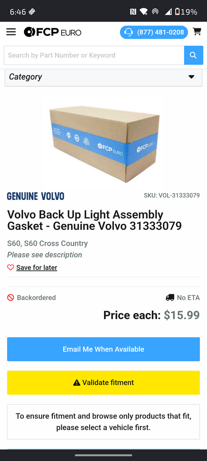2011–2018 Volvo S60 / S60 Cross Country Back-Up Light Assembly Gasket (Genuine OE 31333079) 🚘⚡