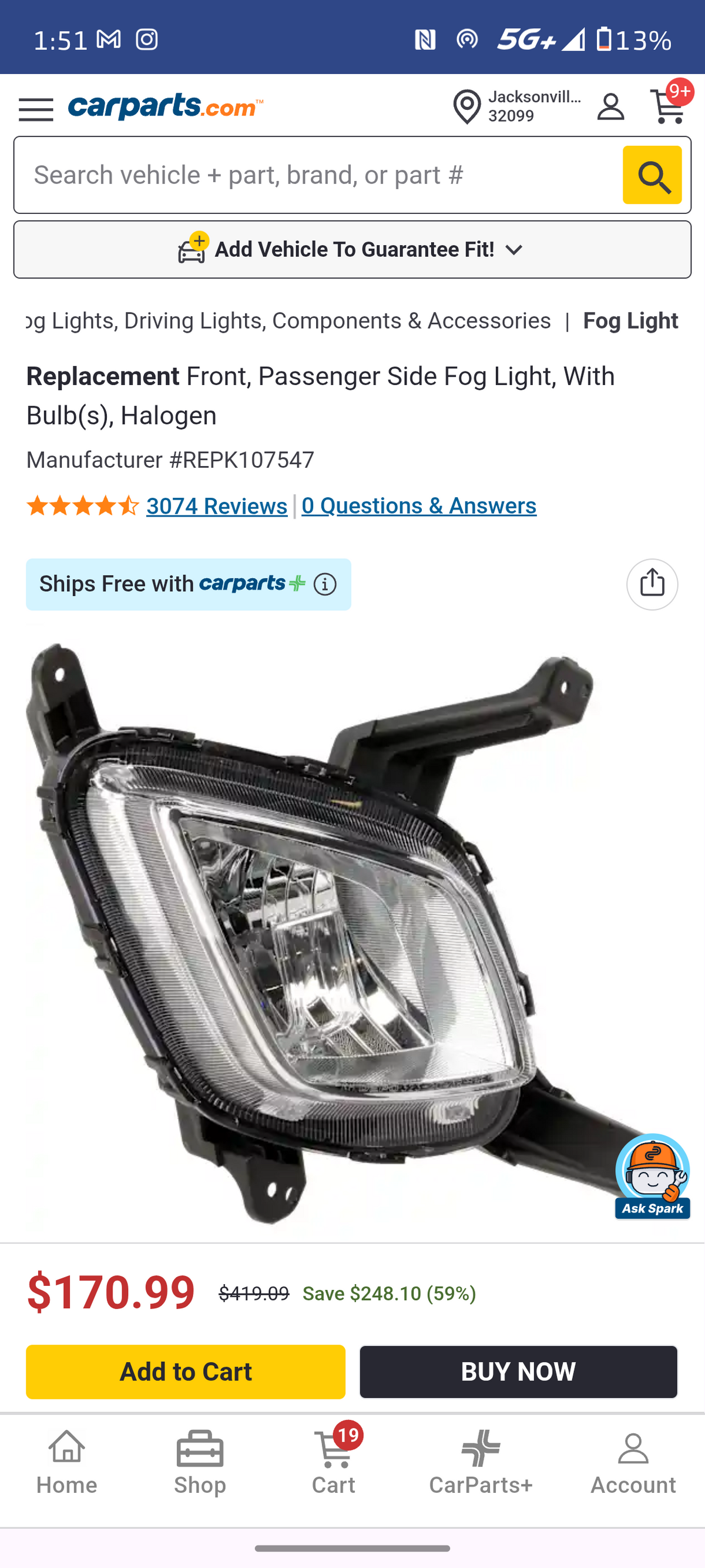 2016–2018 Kia Sorento Passenger Side Halogen Fog Light 🚘⚡