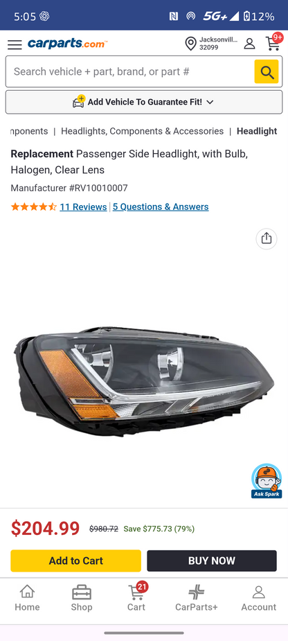 2017–2018 Volkswagen Jetta Passenger Side Halogen Headlight 💡⚡