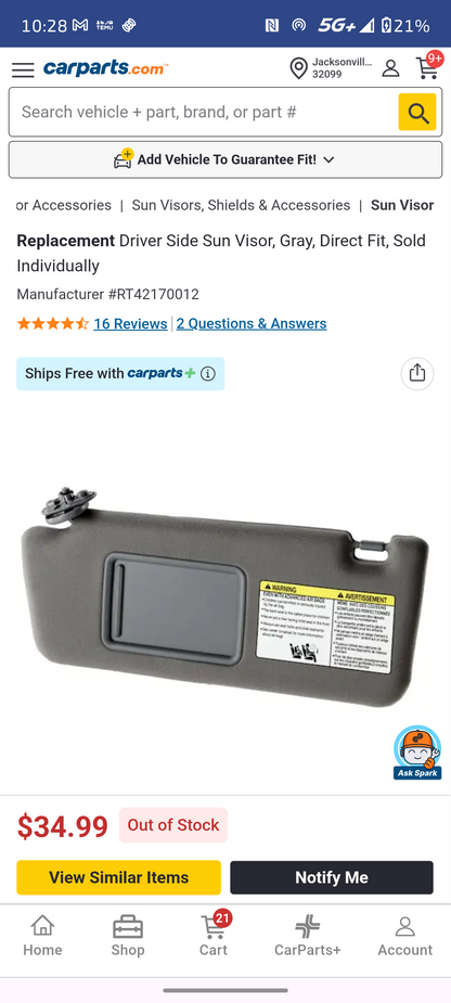 2005-2015 Toyota Tacoma Driver Side Sun Visor Gray (RT42170012) 🚗☀️