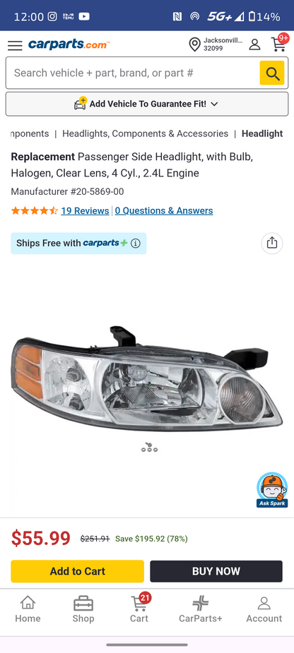 2000–2001 Nissan Altima Passenger Side Halogen Headlight (2.4L 4-Cyl) 🚘💡
