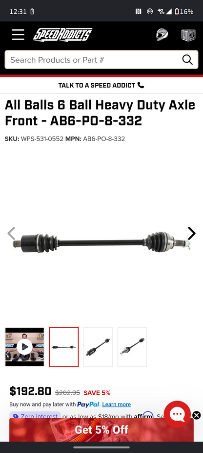 2016–2021 Polaris RZR XP Turbo, XP 1000 & RS1 Front Heavy-Duty 6-Ball CV Axle Assembly (AB6-PO-8-332) 🛞⚡