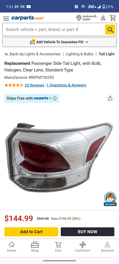 2014–2015 Mitsubishi Outlander Passenger Side Tail Light Assembly (Halogen, Clear Lens, Standard Type) 🚘💡
