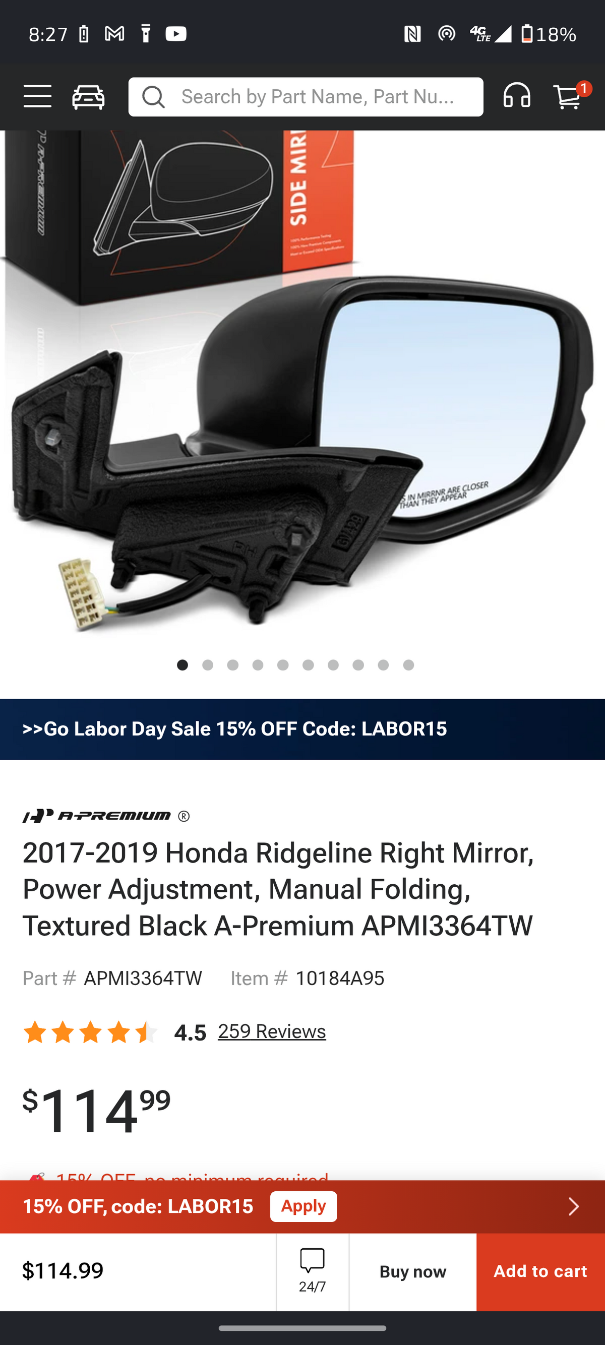 2017–2019 Honda Ridgeline Passenger Side Power Mirror (Textured Black / Manual Folding / Non-Heated) 🚘🪞