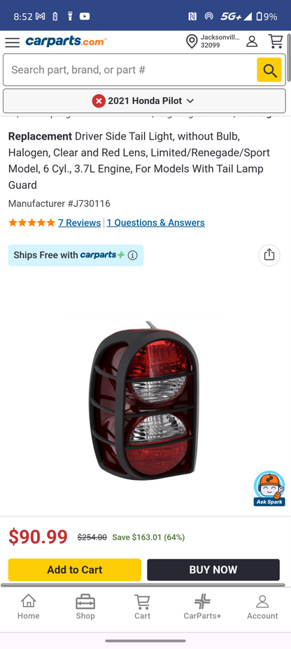 2005–2007 Jeep Liberty Driver Side Tail Light Assembly with Guard (Halogen, Clear & Red Lens) 🚘💡
