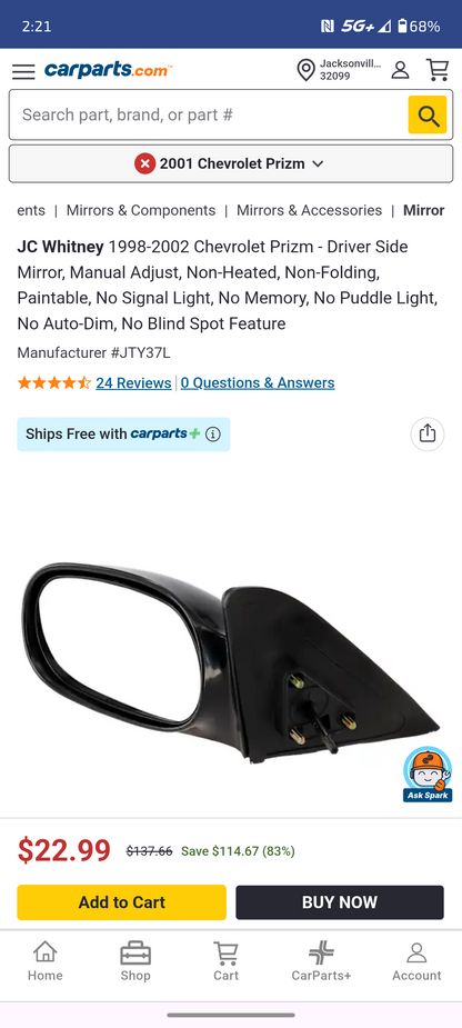 1998–2002 Chevrolet Prizm Driver Side Manual Mirror (Paintable / Non-Folding / Non-Heated) 🚘🪞