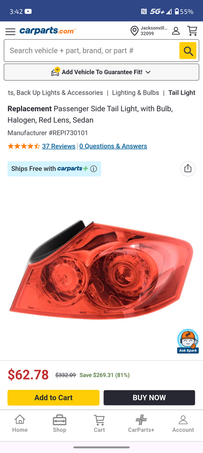 2007–2015 Infiniti G35 G37 Q40 Passenger Right Side Halogen Tail Light Assembly (Sedan) 🚘🚨
