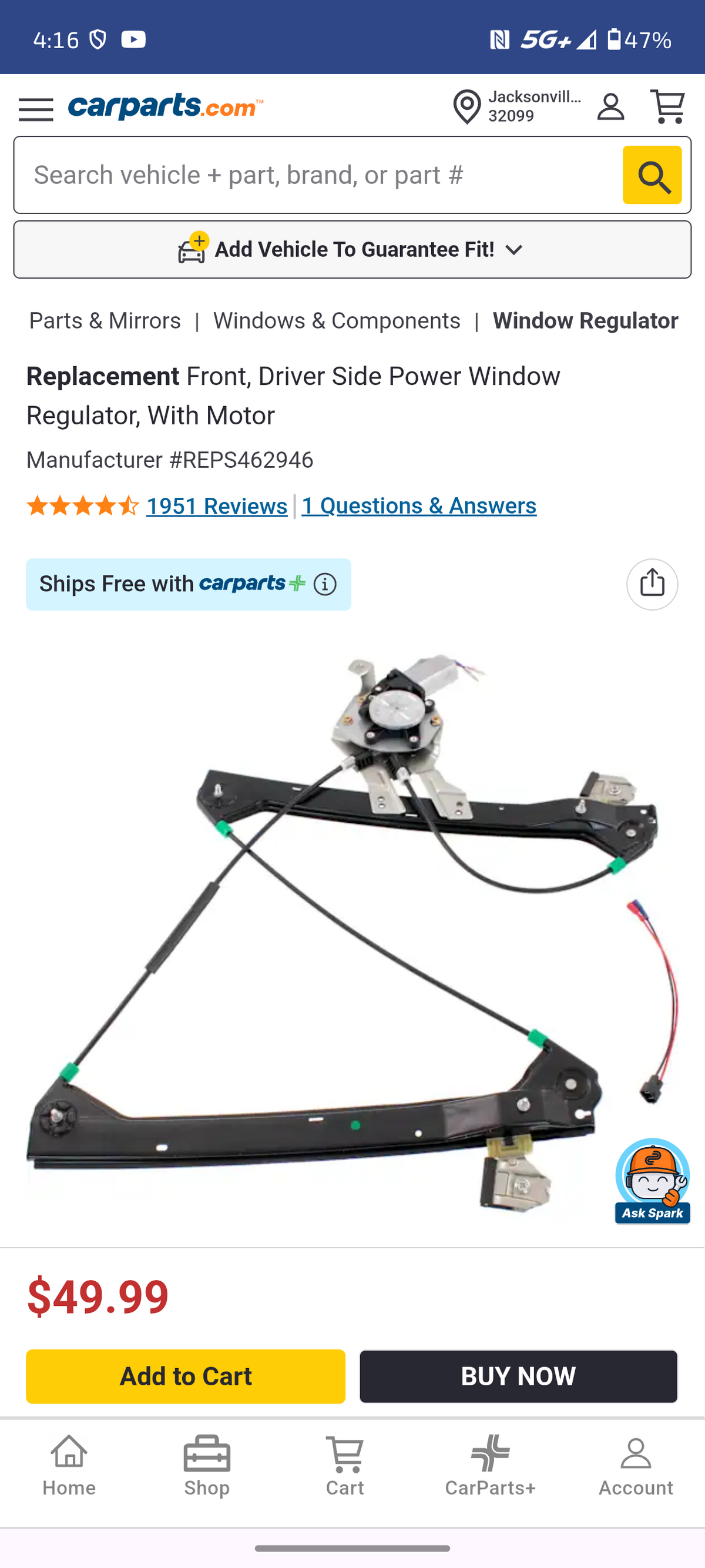 2003–2007 Saab 9-3 Front Driver Side Power Window Regulator (With Motor) 🚘🪟