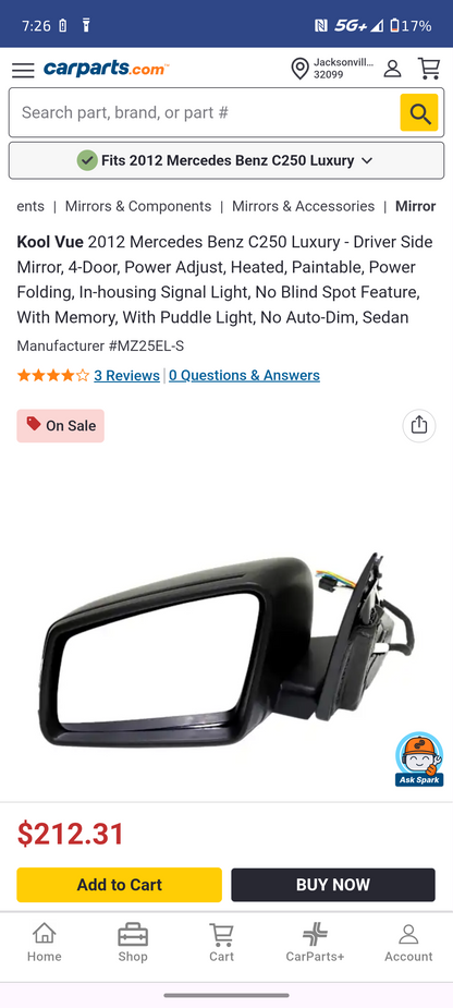 2008–2014 Mercedes-Benz C-Class Driver Side Power Folding Heated Mirror (With Memory & Turn Signal) 🚘🪞
