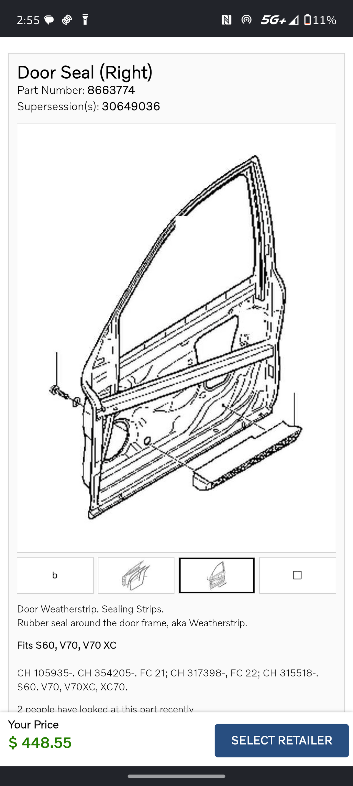 2001–2009 Volvo S60, V70, V70 XC & XC70 Front Right (Passenger Side) Door Seal / Weatherstrip 🚘🚪