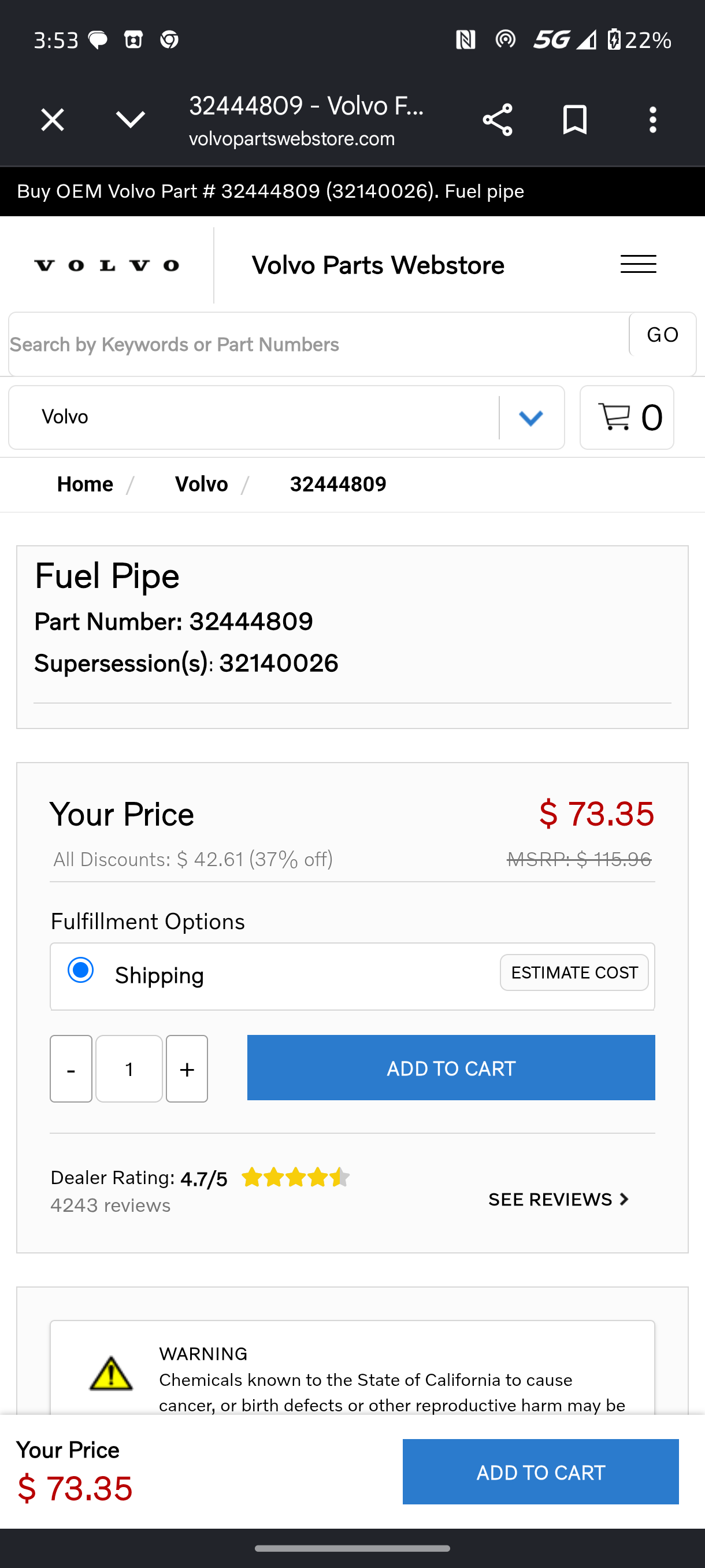 2022–2025 Volvo S60, S90, V60, XC60 & XC90 High Pressure Fuel Pipe Line (32444809 / 32140026) 🚘💦