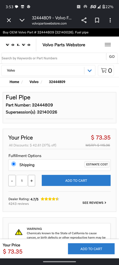 2022–2025 Volvo S60, S90, V60, XC60 & XC90 High Pressure Fuel Pipe Line (32444809 / 32140026) 🚘💦