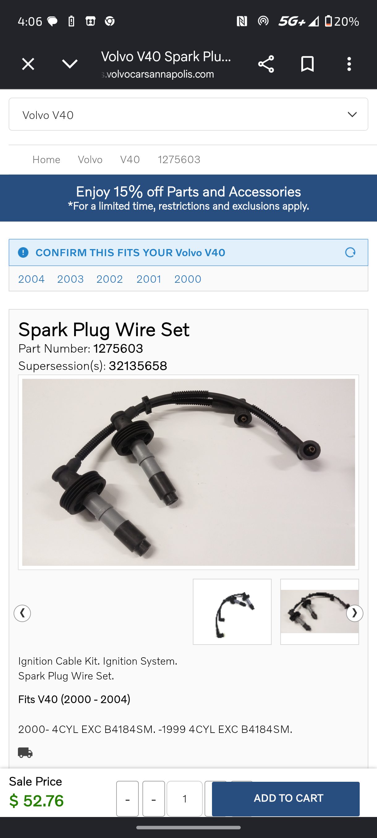 2000–2004 Volvo S40 & V40 Spark Plug Wire Set (1275603 / 32135658) 🚘💦